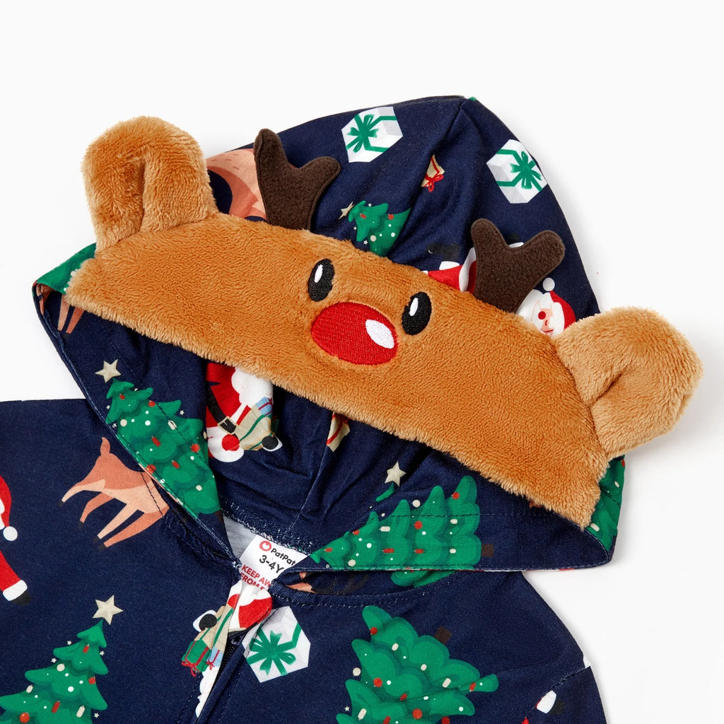 Kids Christmas Pajamas Family Matching Pajamas One Piece Long Sleeve Reindeer Holiday Pjs with Christmas Socks Gift Flame Resistant Girl Boy 3-4 Years